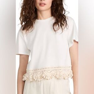 Cream Short-Sleeve Top with Crochet Tassel Hem